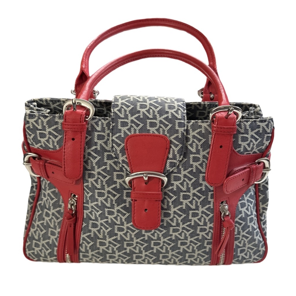 Y2K DKNY red & grey monogram leather canvas 3-slot handbag.